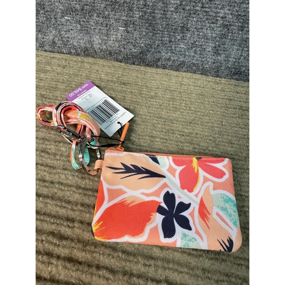 NWT Vera Bradley Lighten Up Zip ID Case & Lanyard Rain Forest Lily Coral 37168-